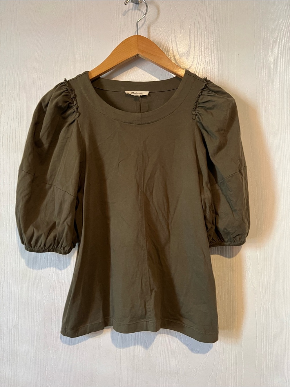 Madewell Puff Sleeve Tee Olive Green 100% Cotton Crew Neck women Sz small
